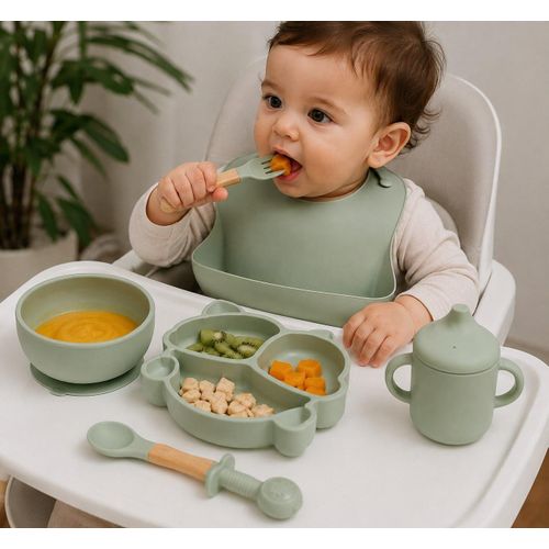 Set vaisselle bébé silicone 6 pcs – Sans BPA & phtalates – Bois de hêtre – Bavoir inclus