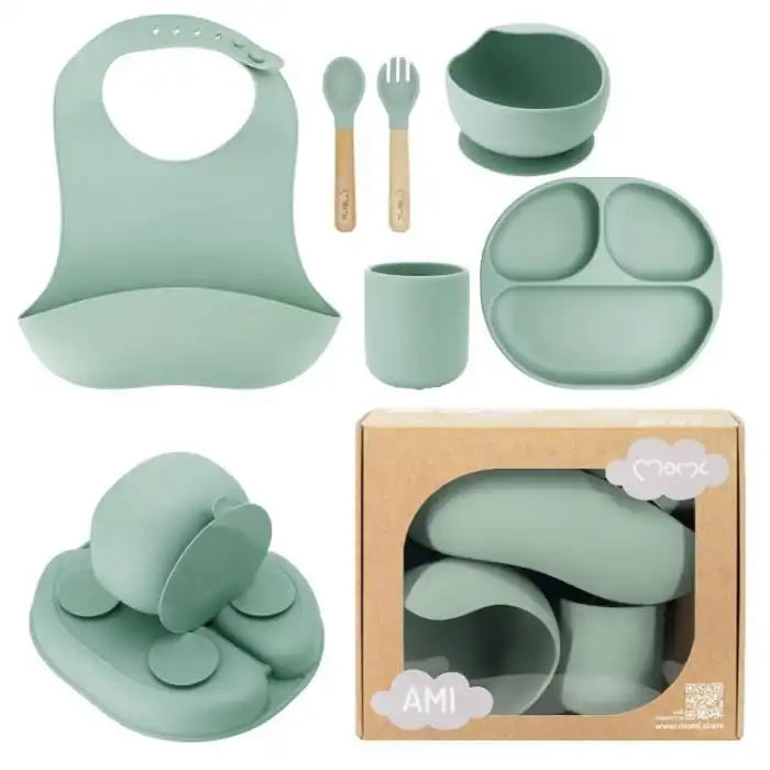 Set vaisselle bébé silicone 6 pcs – Sans BPA & phtalates – Bois de hêtre – Bavoir inclus