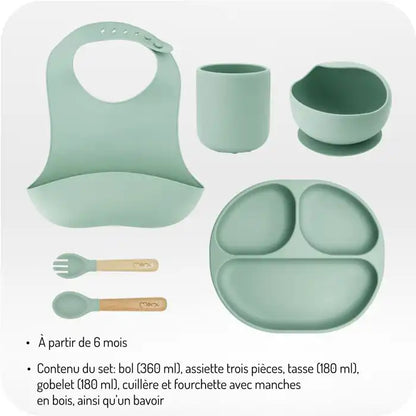 Set vaisselle bébé silicone 6 pcs – Sans BPA & phtalates – Bois de hêtre – Bavoir inclus
