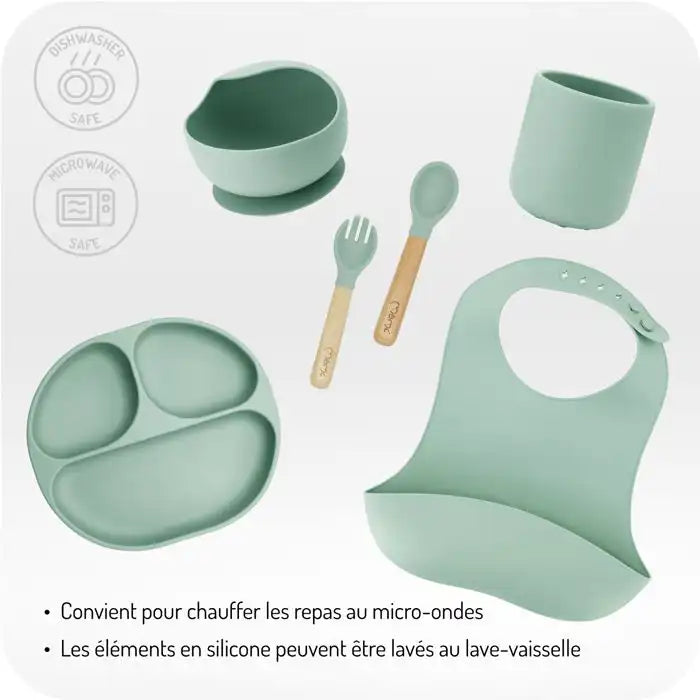 Set vaisselle bébé silicone 6 pcs – Sans BPA & phtalates – Bois de hêtre – Bavoir inclus