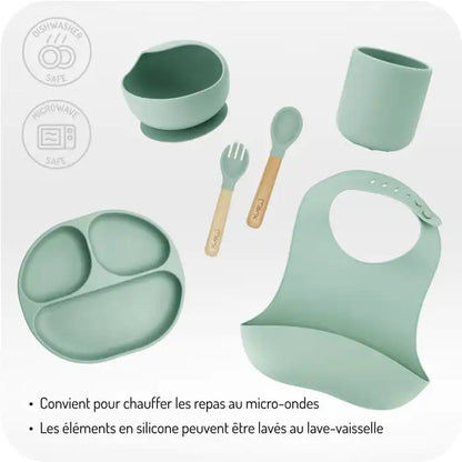 Set vaisselle bébé silicone 6 pcs – Sans BPA & phtalates – Bois de hêtre – Bavoir inclus